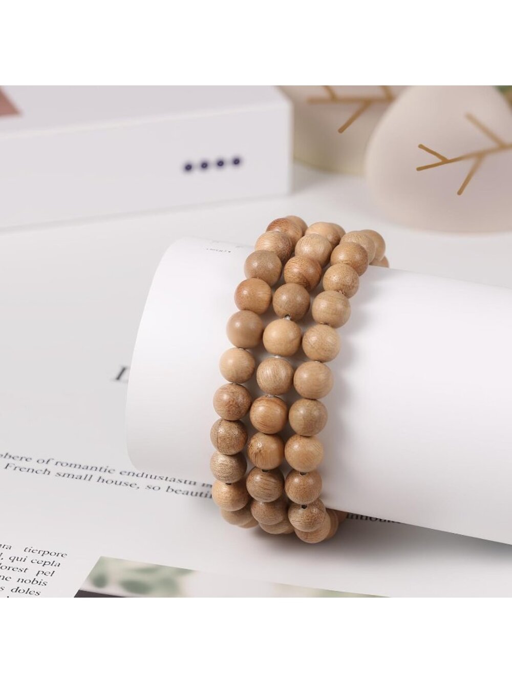 Women's Khaki Boho Wood Bead Wreath Dial Floral Quartz Elastic Band Casual Watch - Picture 3 of 6